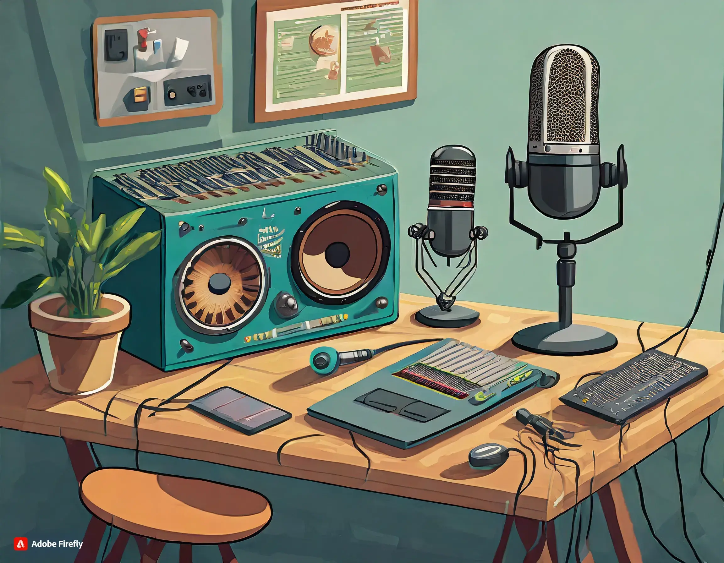 Illustration of podcasting equipment laid out on the table 9580