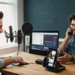 Two individuals podcasting