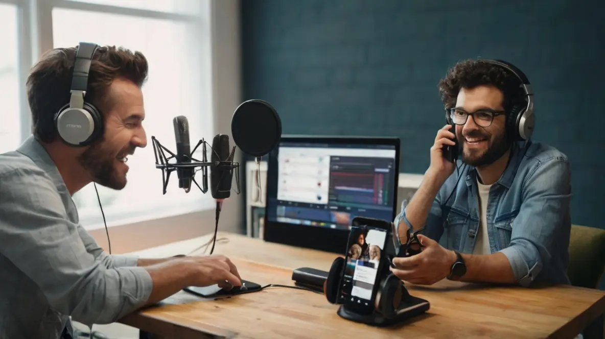 Two individuals podcasting