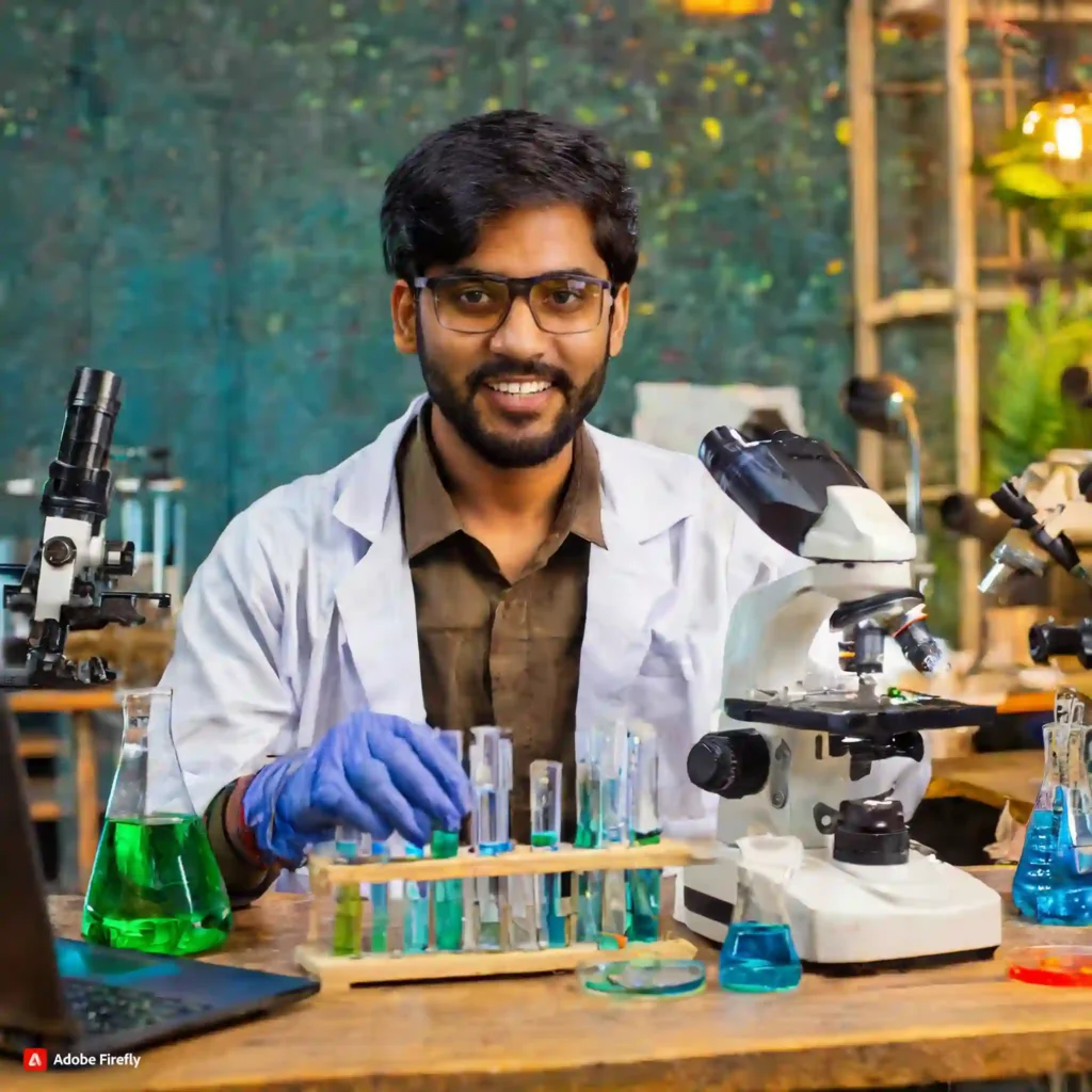 an image of Indian science lab doing experiments with test tubes microscopes and a p