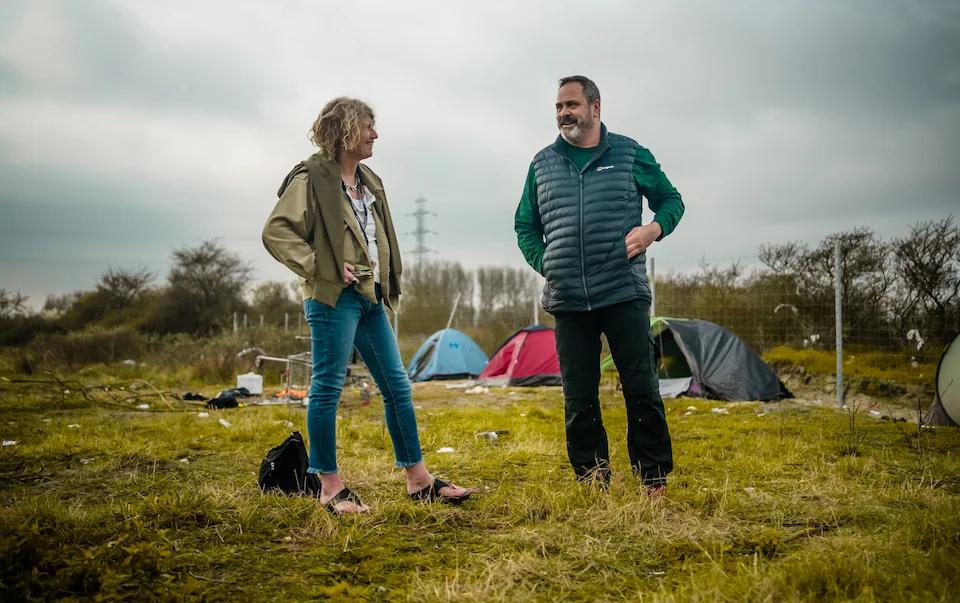 BBC journalist Sue Mitchell and former soldier and aid worker Rob Lawrie present To Catch a Scorpion CREDIT BBC