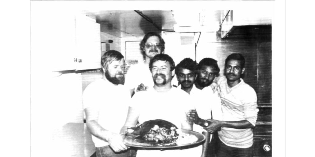 The Indian Finnish galley team preparing and serving meals for the 83 expedition members and 28 ship officers crew members