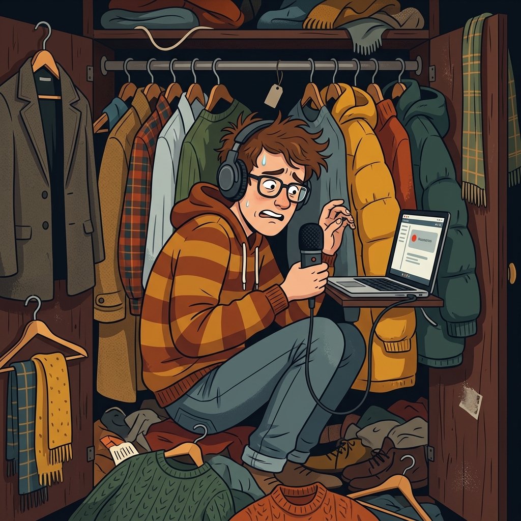 An amateur podcaster recording in a cramped wardrobe