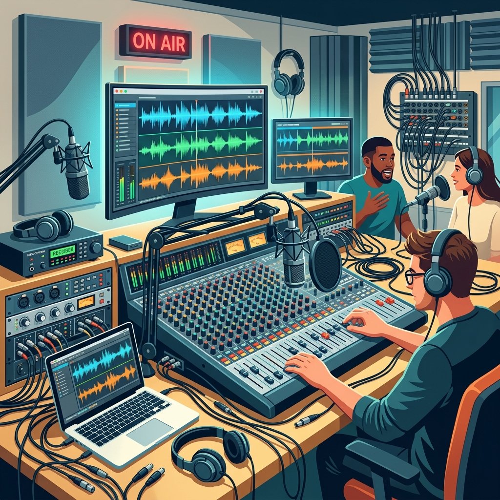 The complex reality of a podcast recording studio and mixing console