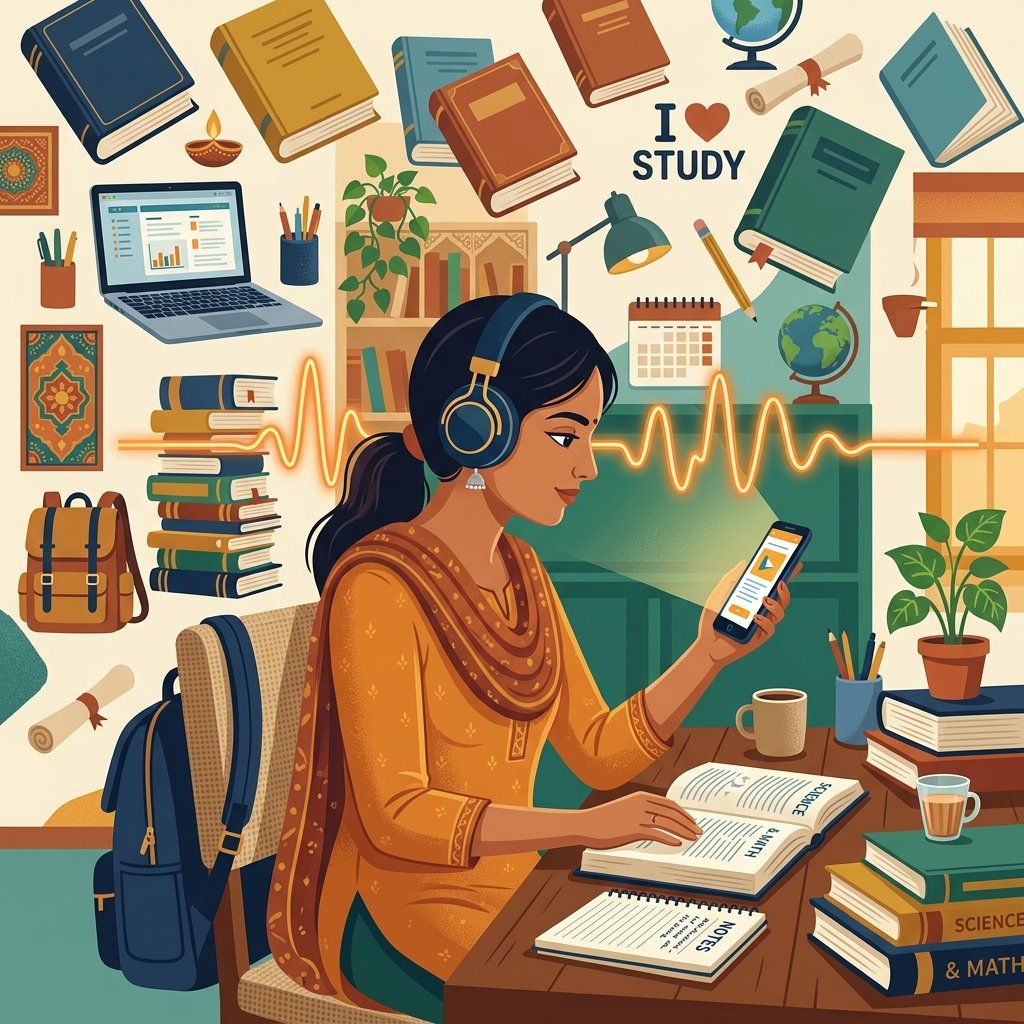Indian student listening to podcast