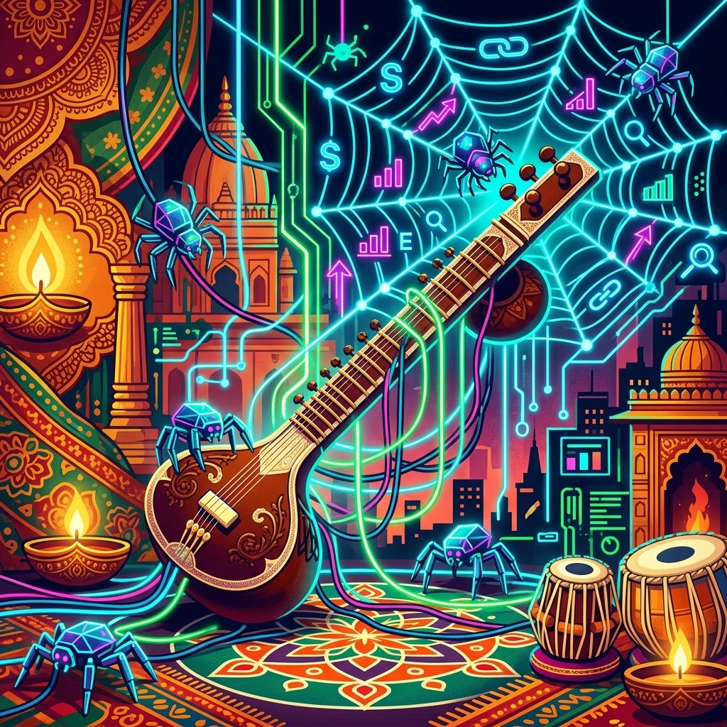 Indian cultural elements overshadowed by neon digital SEO links and bot spiders
