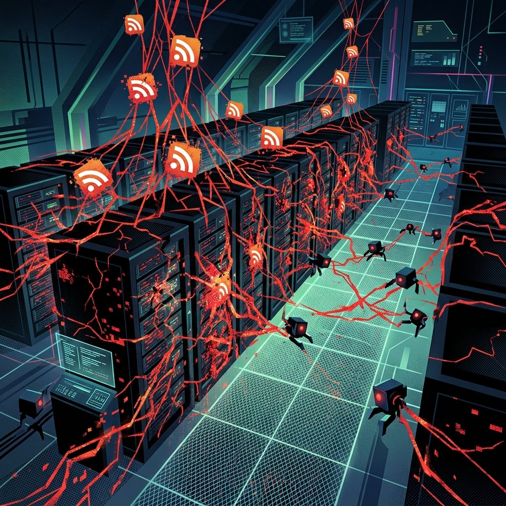 Glowing server room tangled in red digital glitch effects and cyber-webs